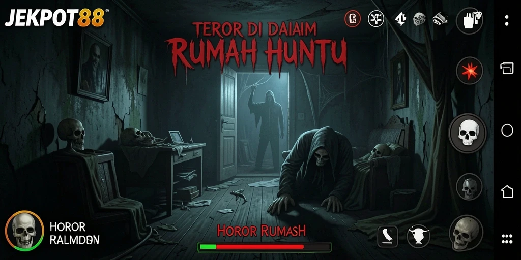 Antarmuka JEKPOT88 menampilkan suasana mencekam di dalam rumah angker.